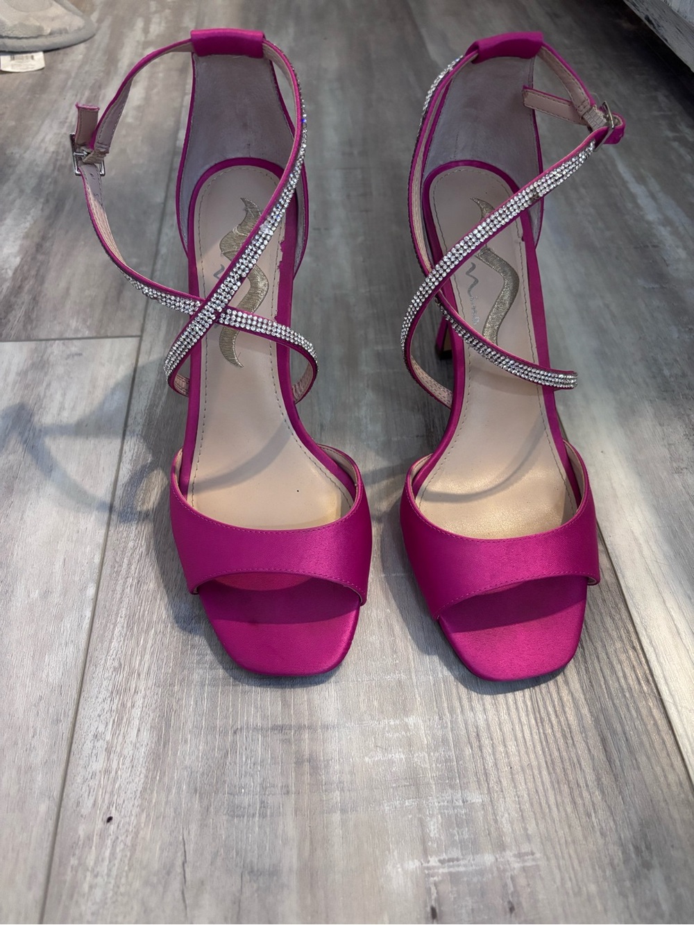 Nina Fuchsia Satin Open-Toe Heels with Rhinestone Crisscross Straps